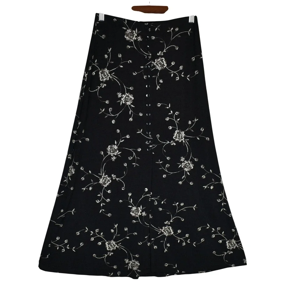 Vintage 90s Floral Midi Skirt Womens S Black Button Down Slinky Drapey Romantic